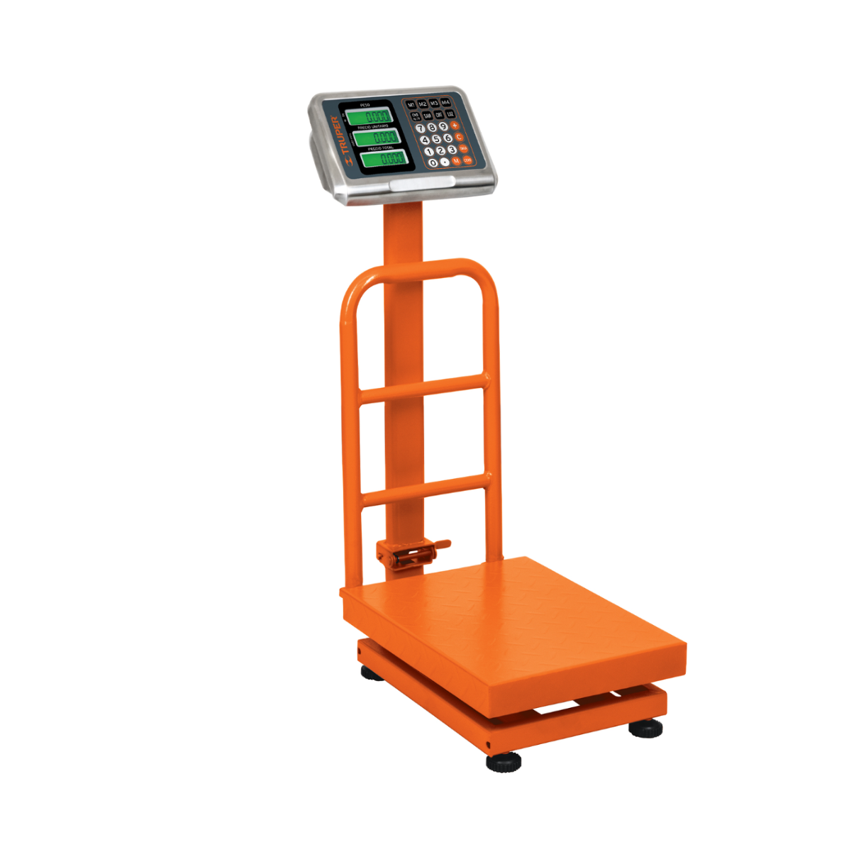 Báscula electrónica de plataforma marca truper, color naranja, capacidad de carga 200 kg