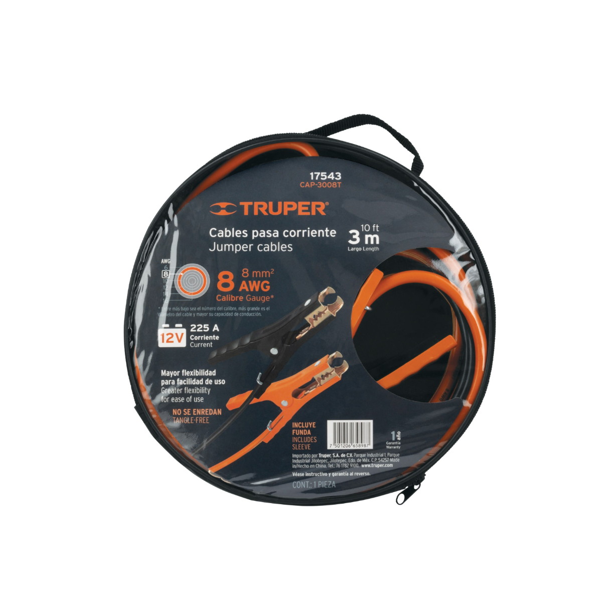 Cables pasa corriente 3 m, 225 A, 8 AWG, con funda, Truper