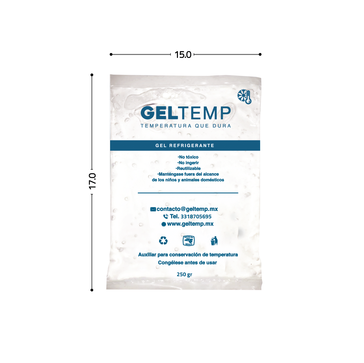 Gel refrigerante Geltemp 250 gr, 400 gr - Desde $9.60 /pza (Caja 50 piezas)