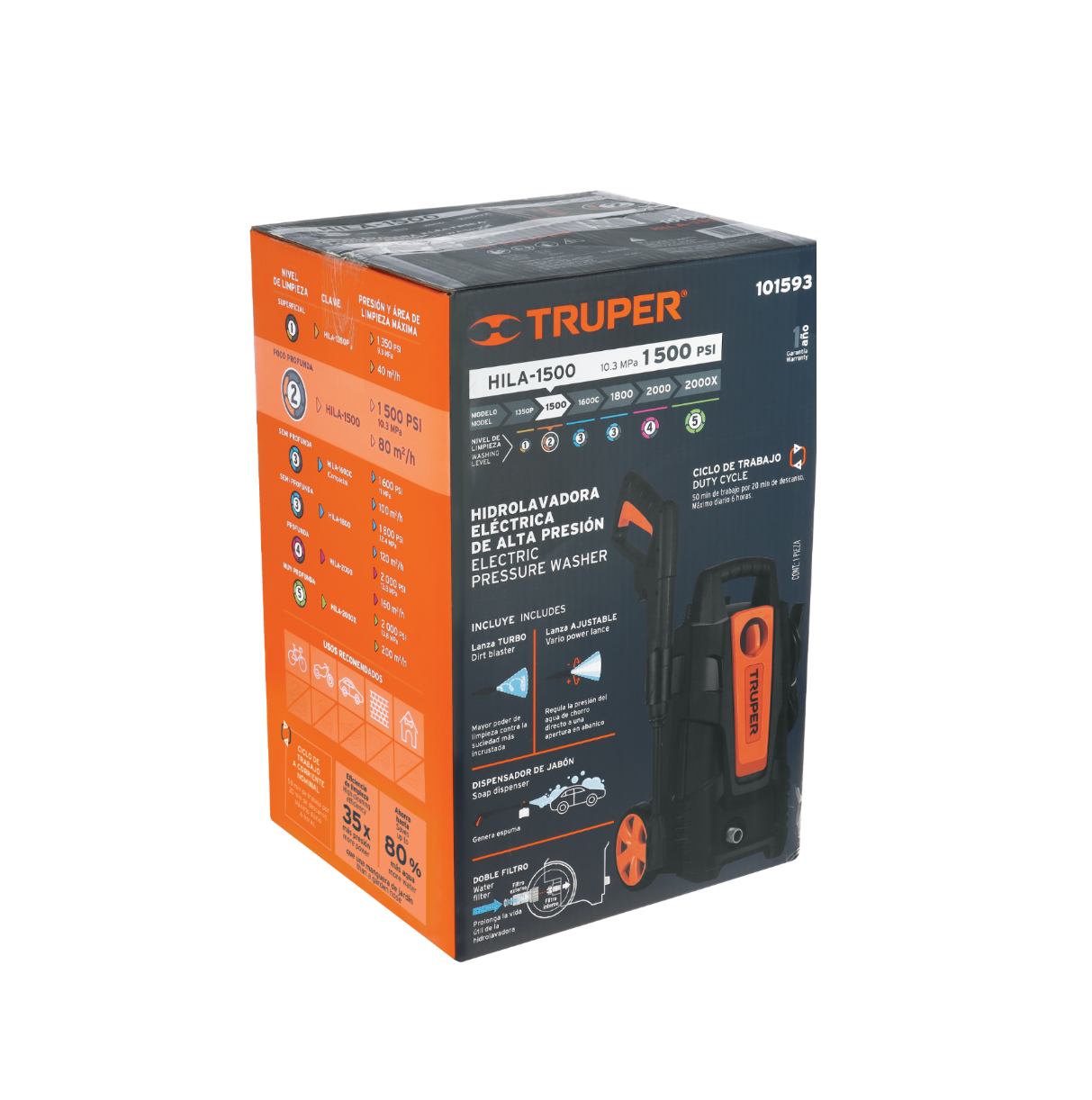 Hidrolavadora  eléctrica 1500 PS  marca truper color negro/naranja  motor de 1.9 hp