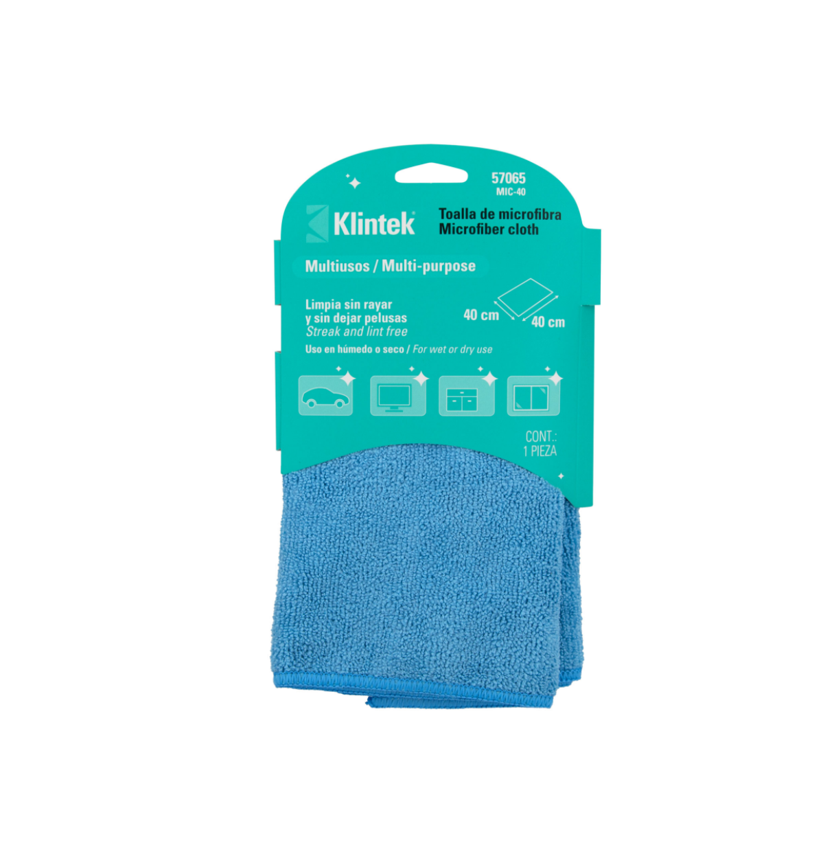 Toalla microfibra marca Klintek, color azul medida 40x40, 80% poliéster, 20% polimida